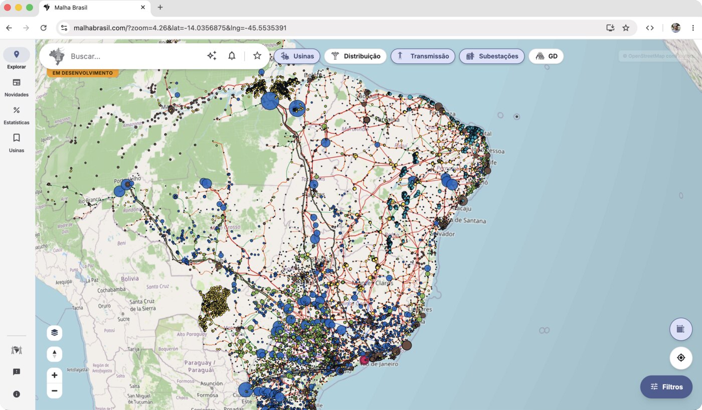 Mapa do Malha Brasil mostrando a rede elétrica do Brasil