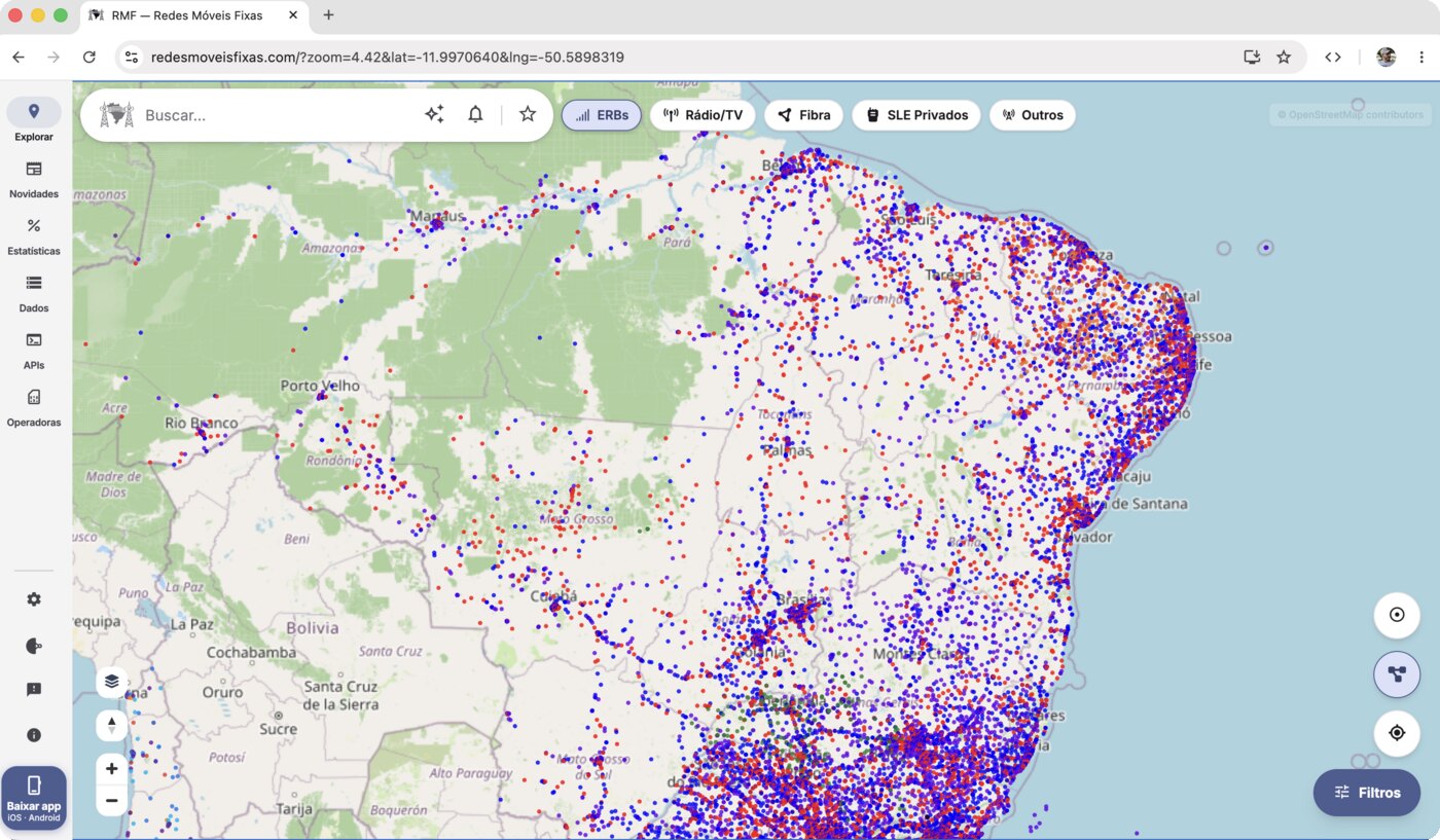 Mapa do Redes Móveis Fixas mostrando ERBs pelo Brasil